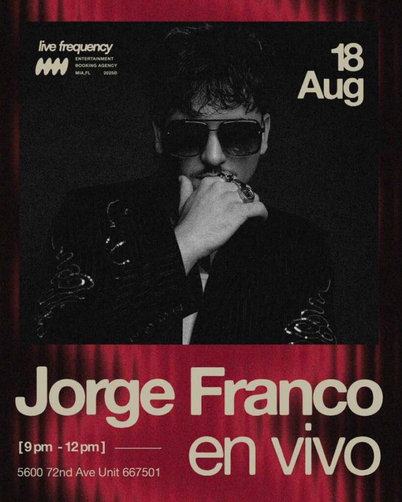 A black-and-white poster shows a man in sunglasses and a patterned jacket with his hand on his chin. Text reads: Jorge Franco en vivo, August 18, 9 pm–12 am, 5600 72nd Ave Unit 667501.