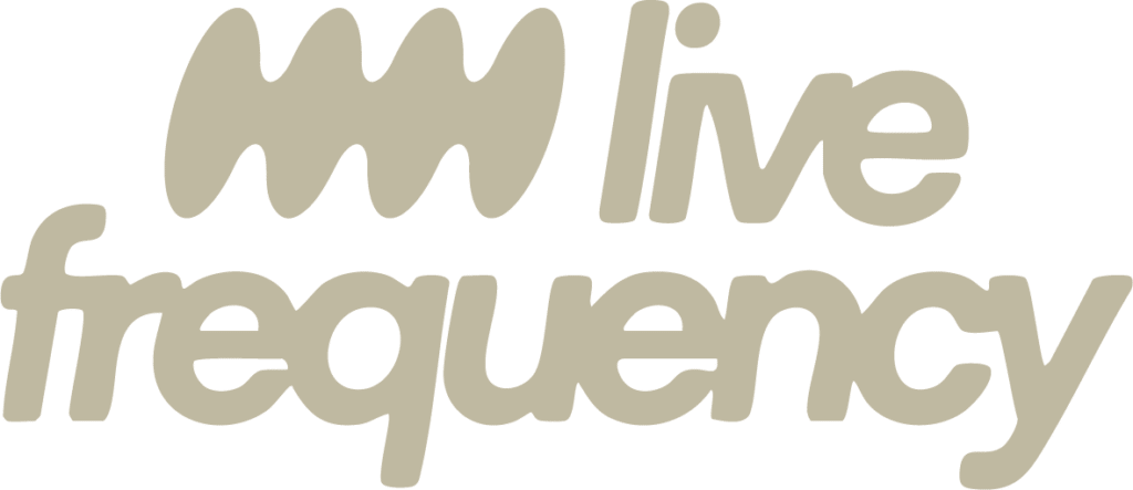 Beige text logo with abstract wavy icon, reading live frequency in rounded lowercase letters on a light background.